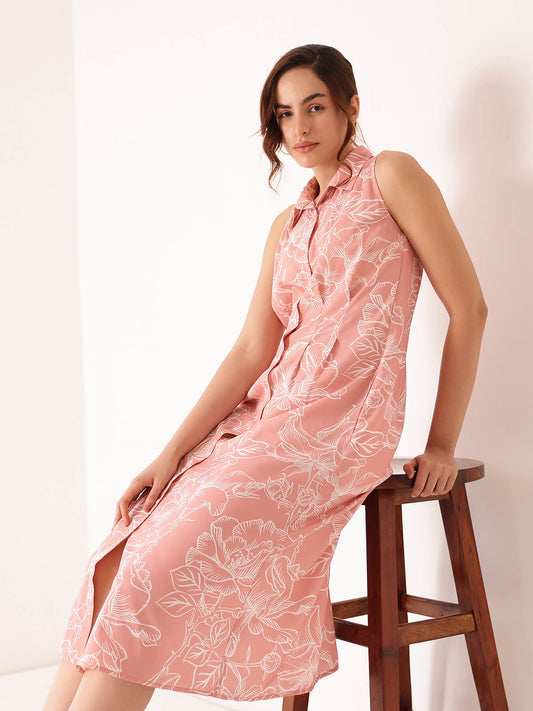 Floral Button Down Midi Dress - Pink
