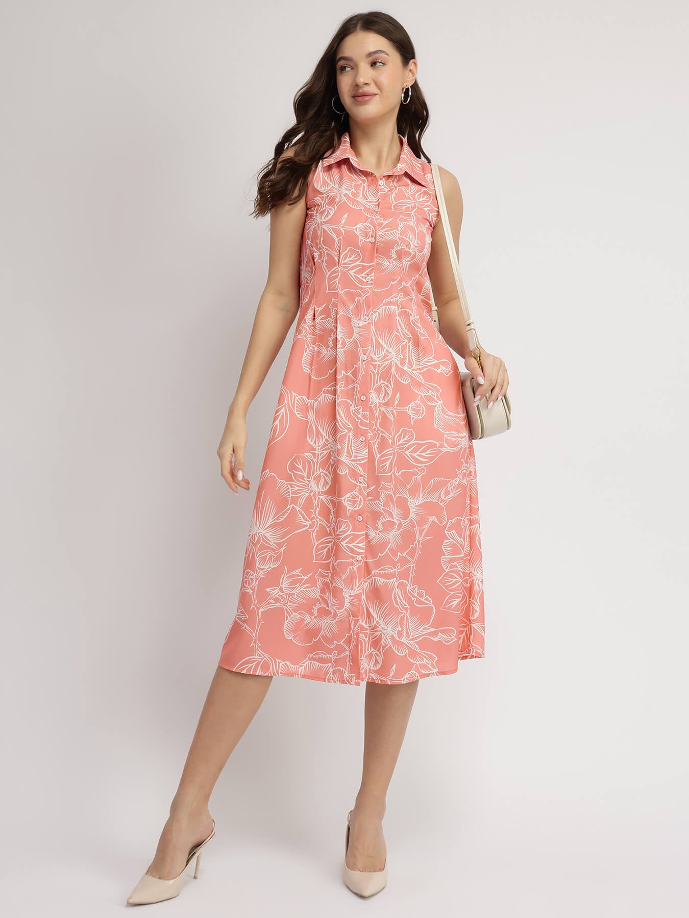 Floral Button Down Midi Dress - Pink
