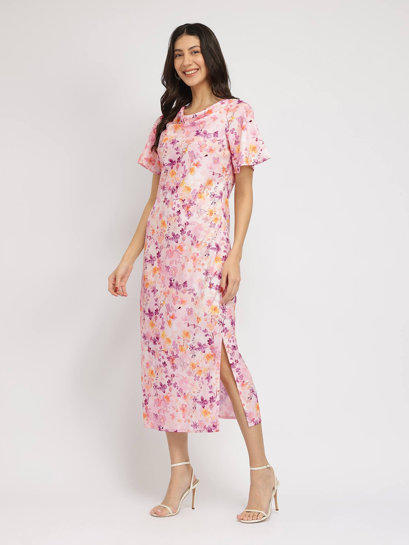 Floral A-Line Midi Dress - Pink