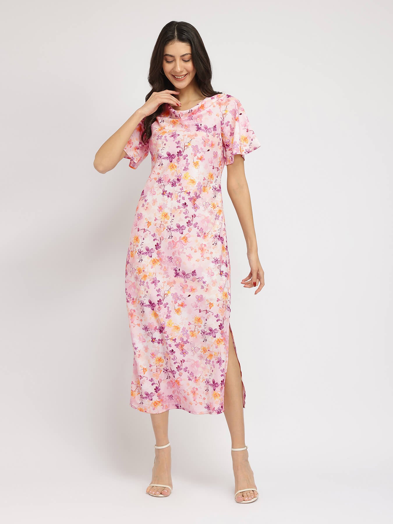 Floral A-Line Midi Dress - Pink