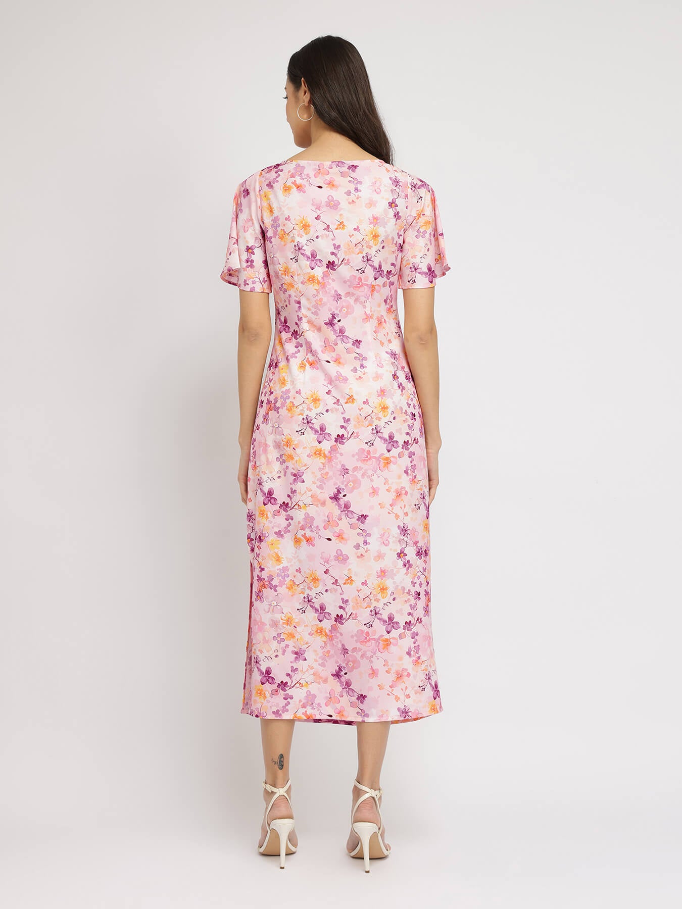 Floral A-Line Midi Dress - Pink