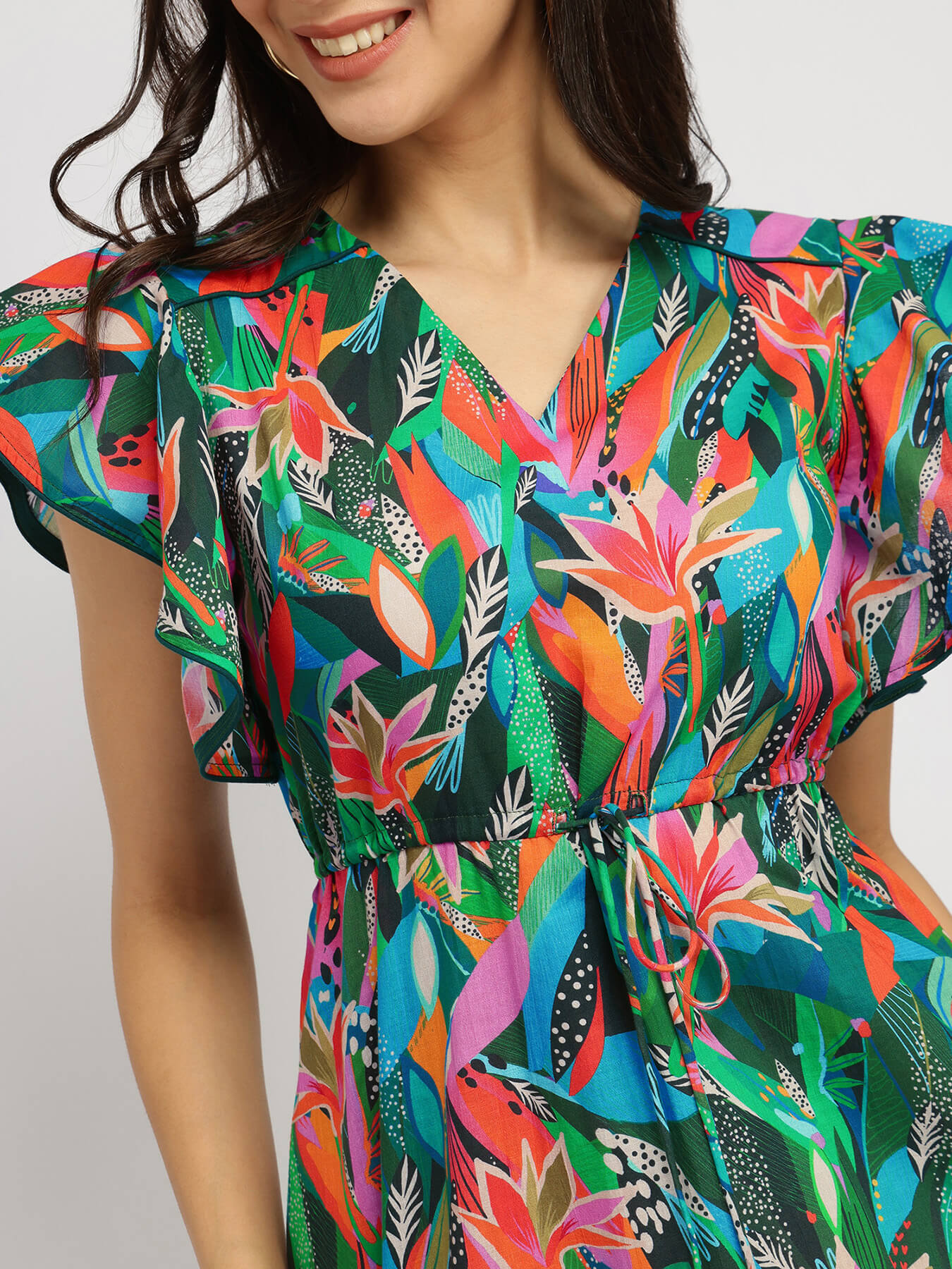 Cotton Floral Midi Dress - Green