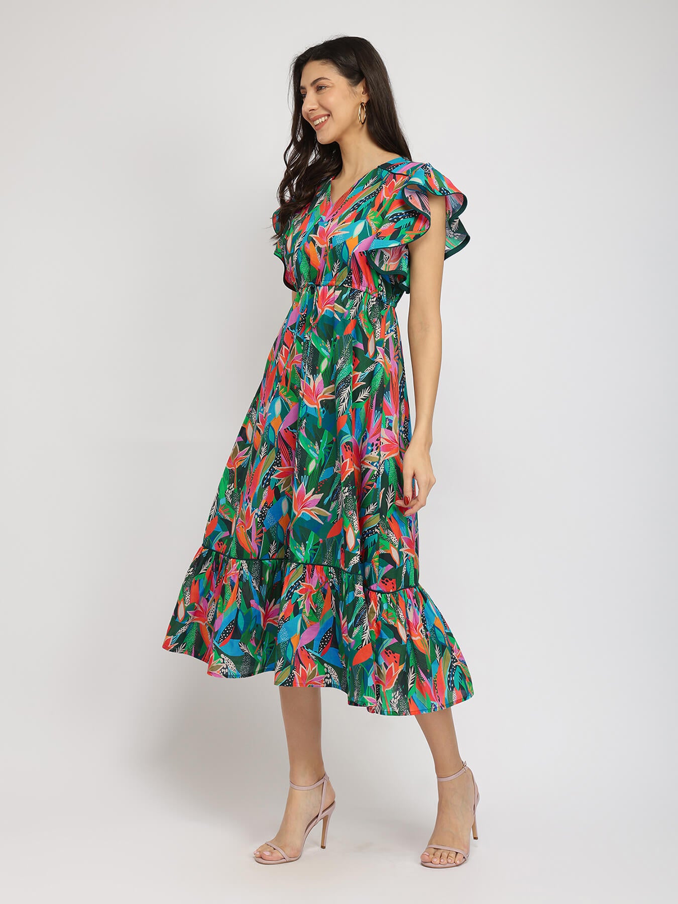 Cotton Floral Midi Dress - Green