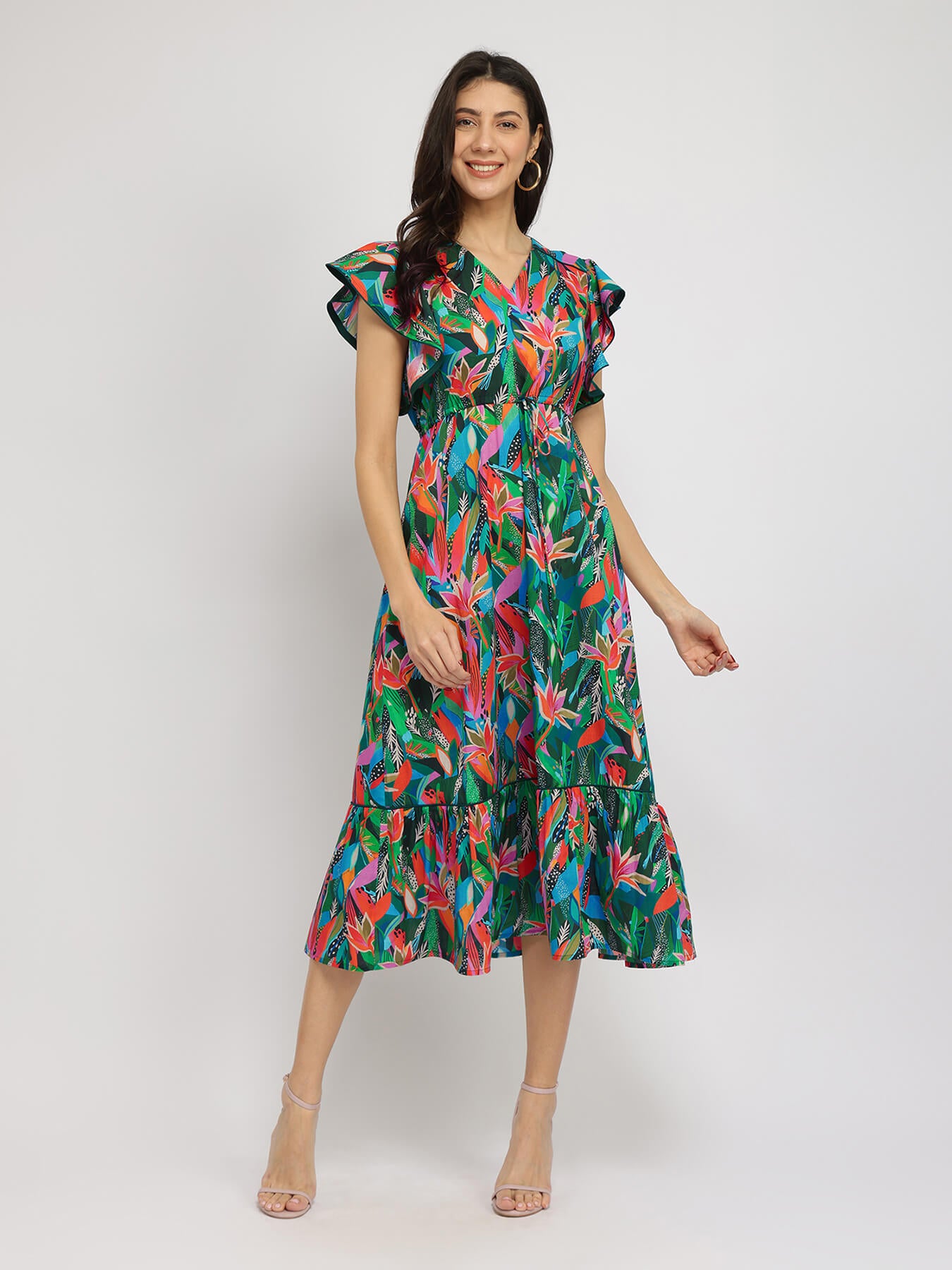 Cotton Floral Midi Dress - Green