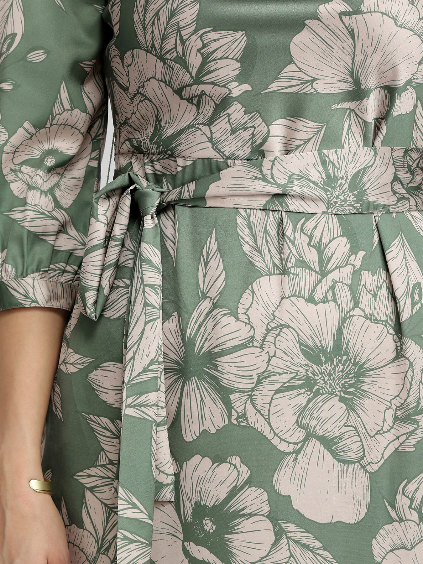 Satin Floral Midi Dress - Sage Green
