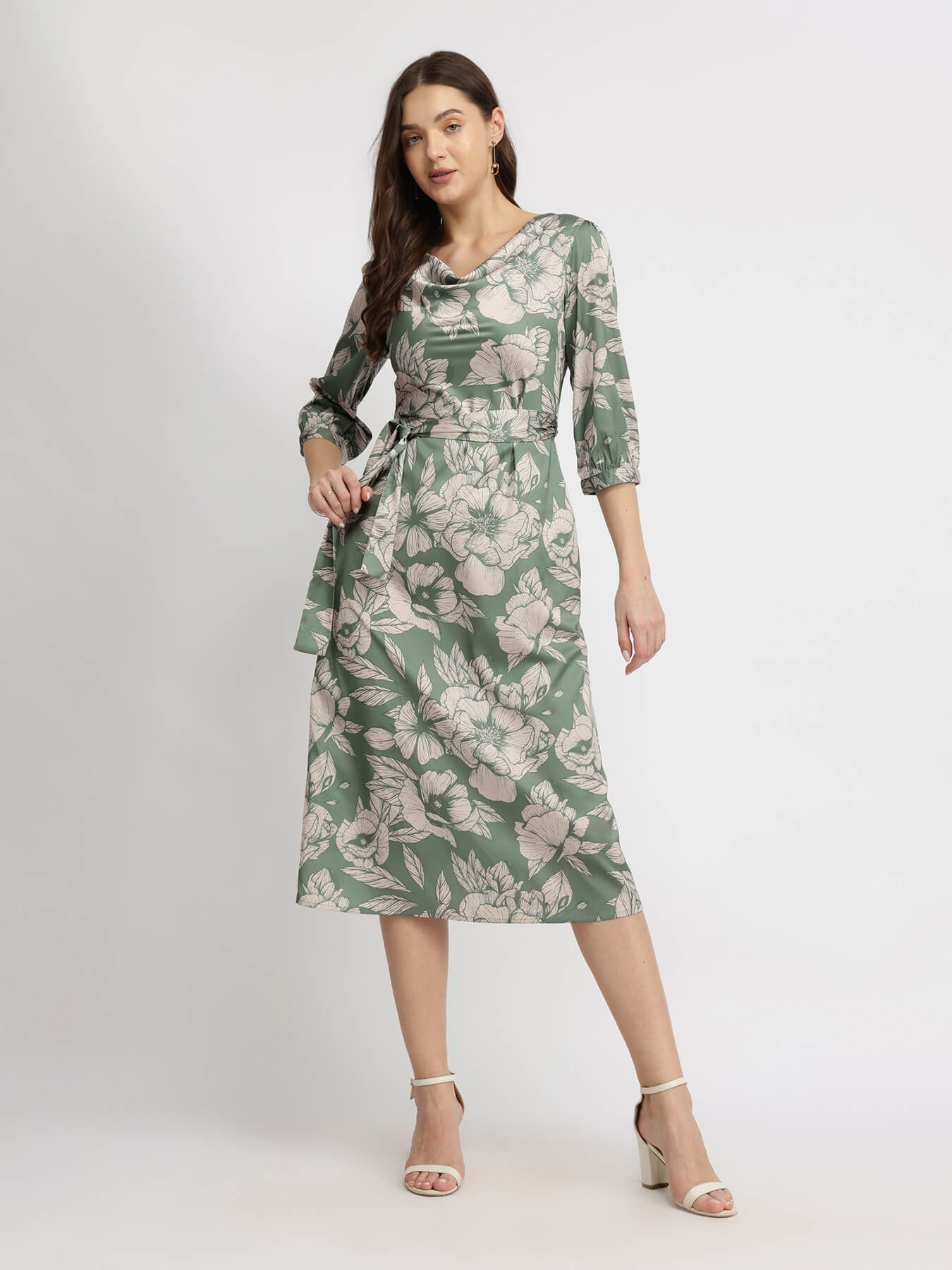 Satin Floral Midi Dress - Sage Green