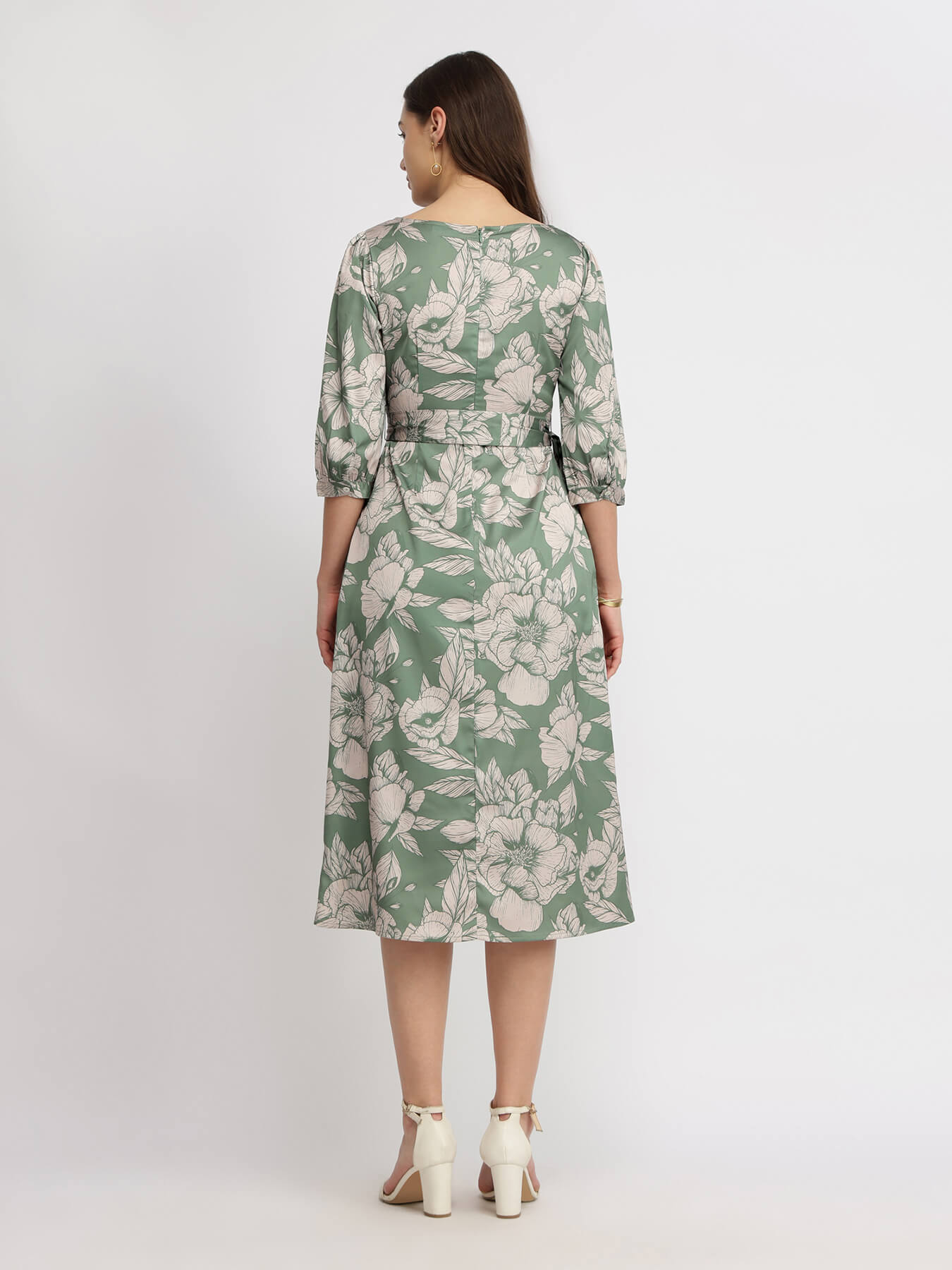 Satin Floral Midi Dress - Sage Green