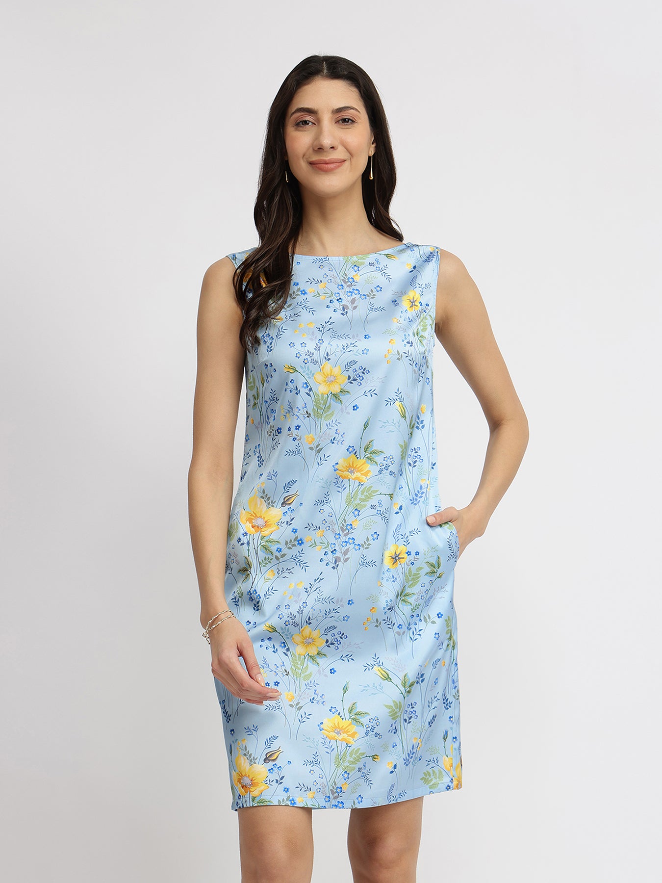 Satin Floral Shift Dress - Blue
