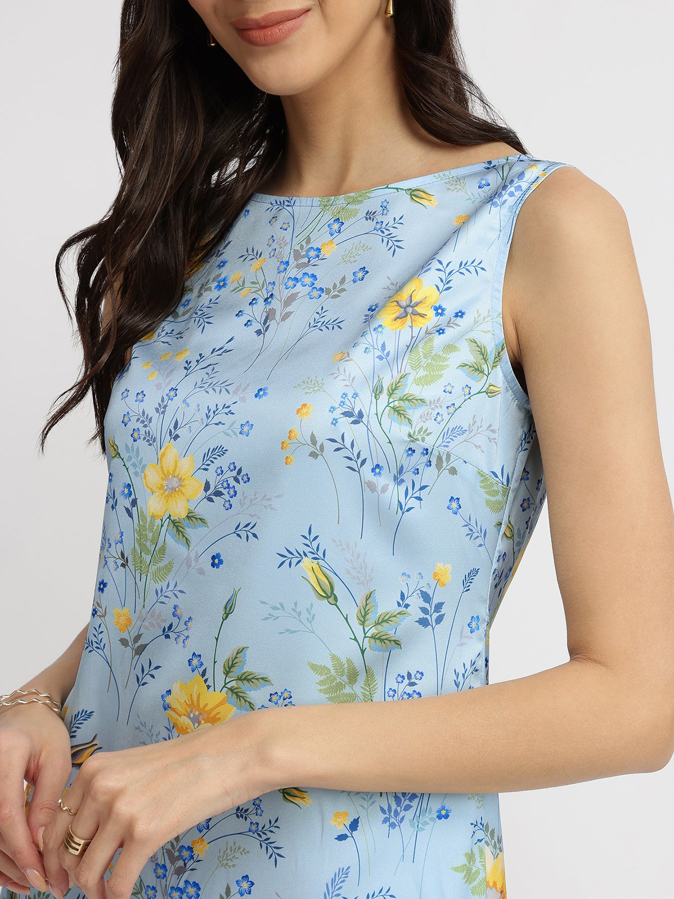 Satin Floral Shift Dress - Blue