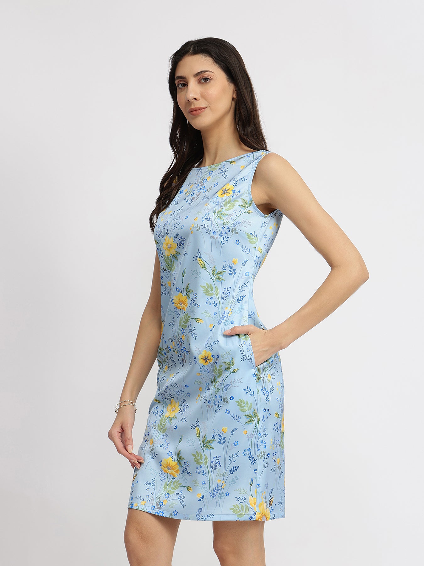 Satin Floral Shift Dress - Blue
