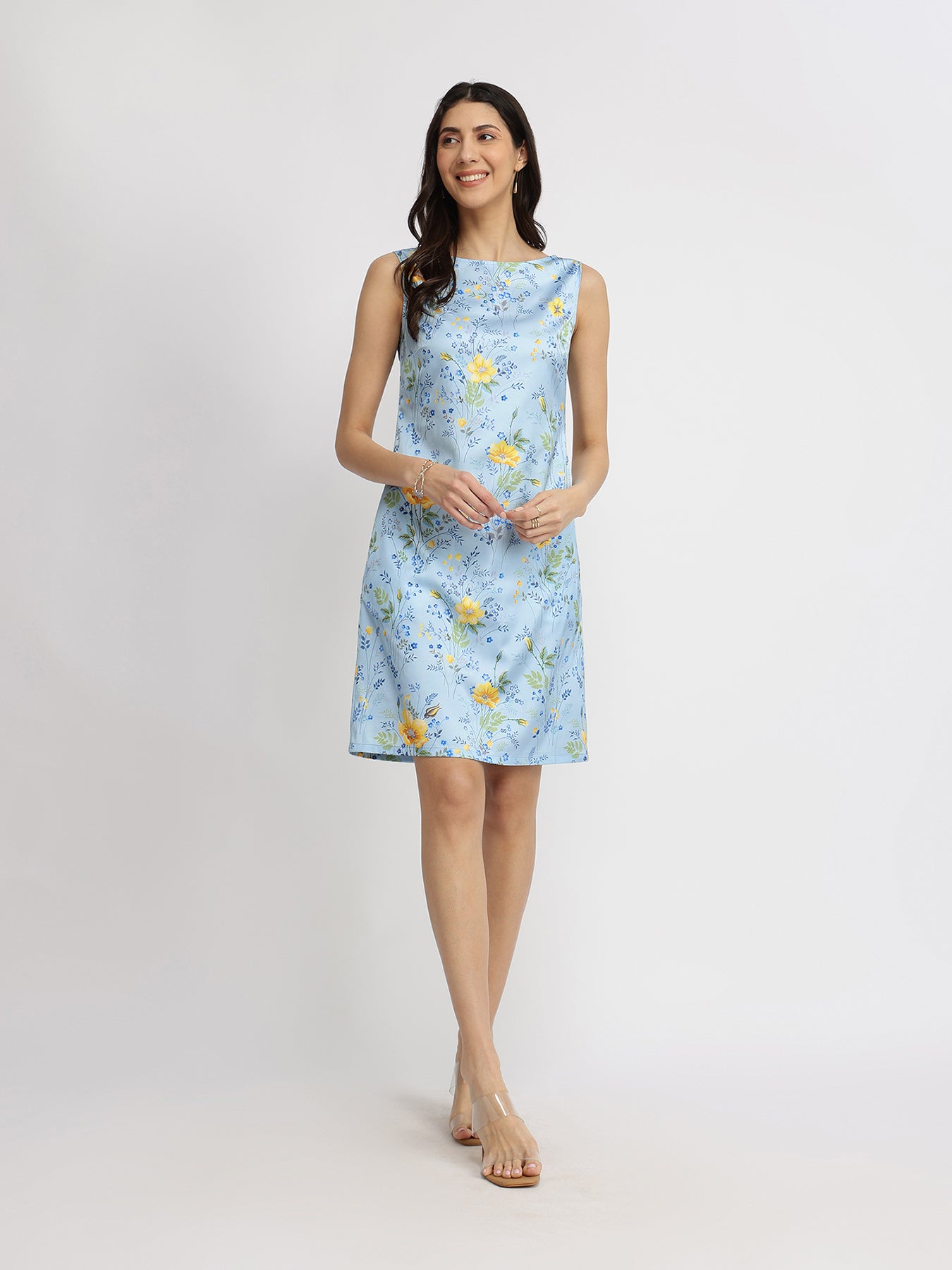 Satin Floral Shift Dress - Blue