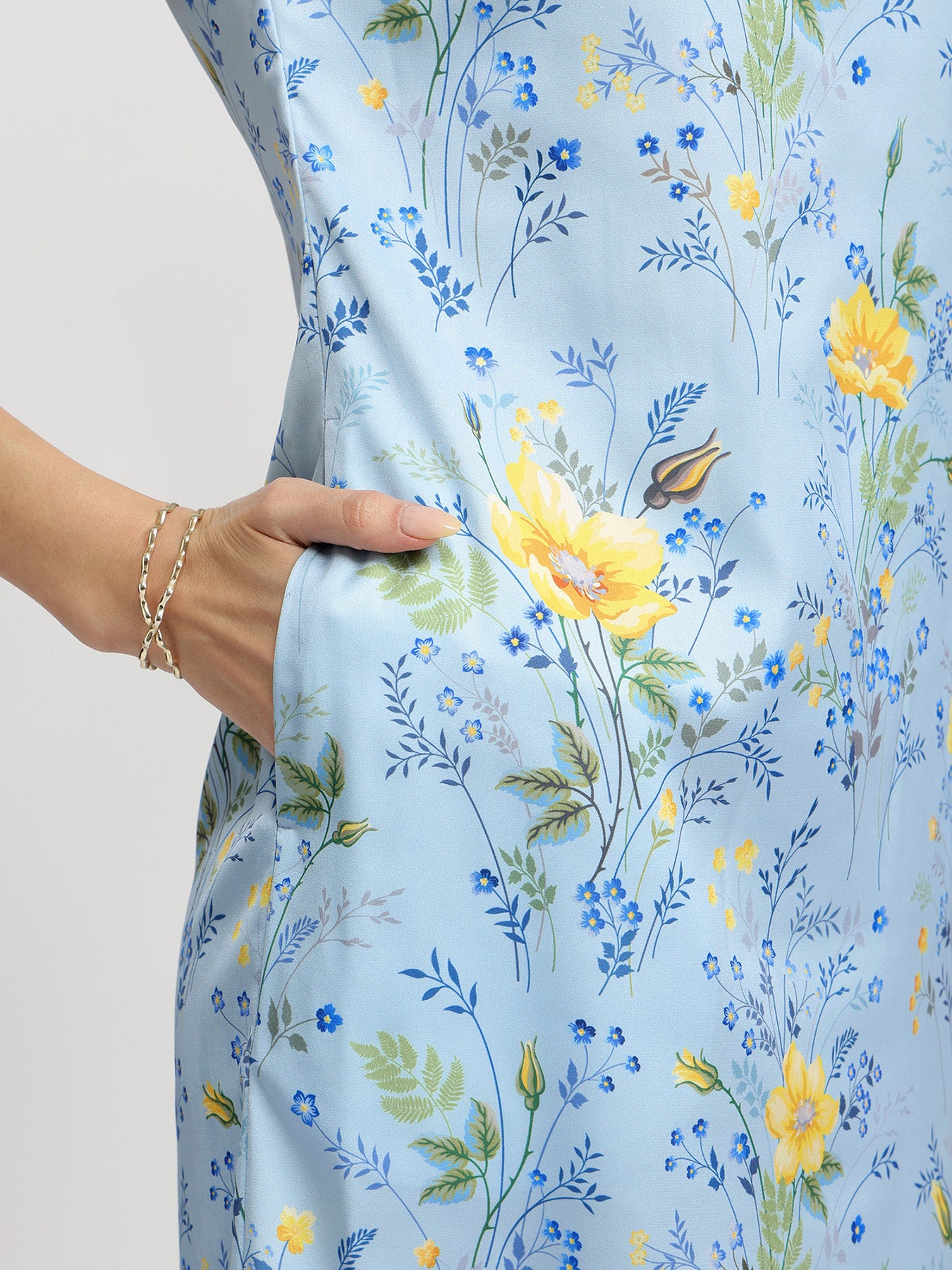Satin Floral Shift Dress - Blue