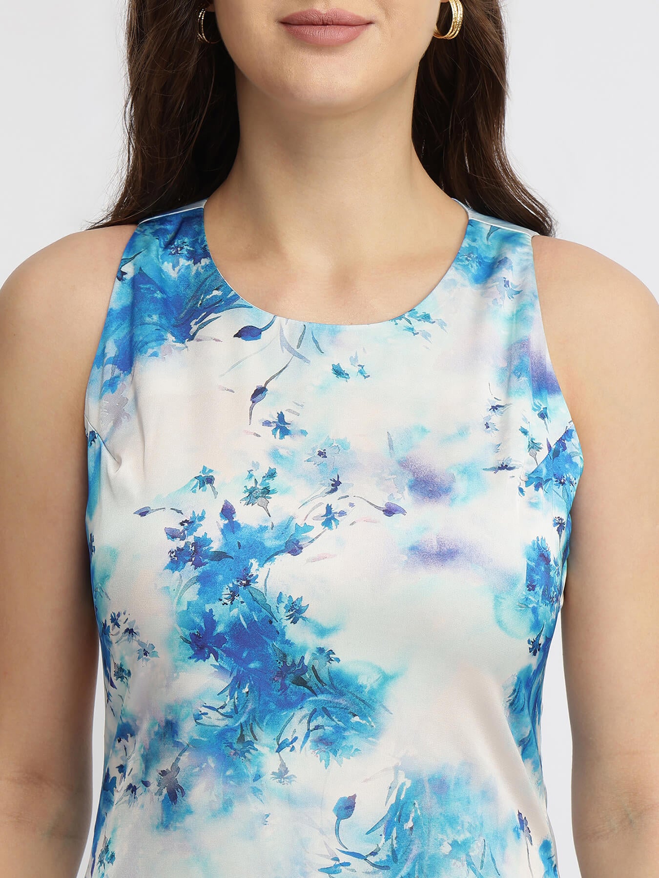Satin Floral Sheath Dress - Blue