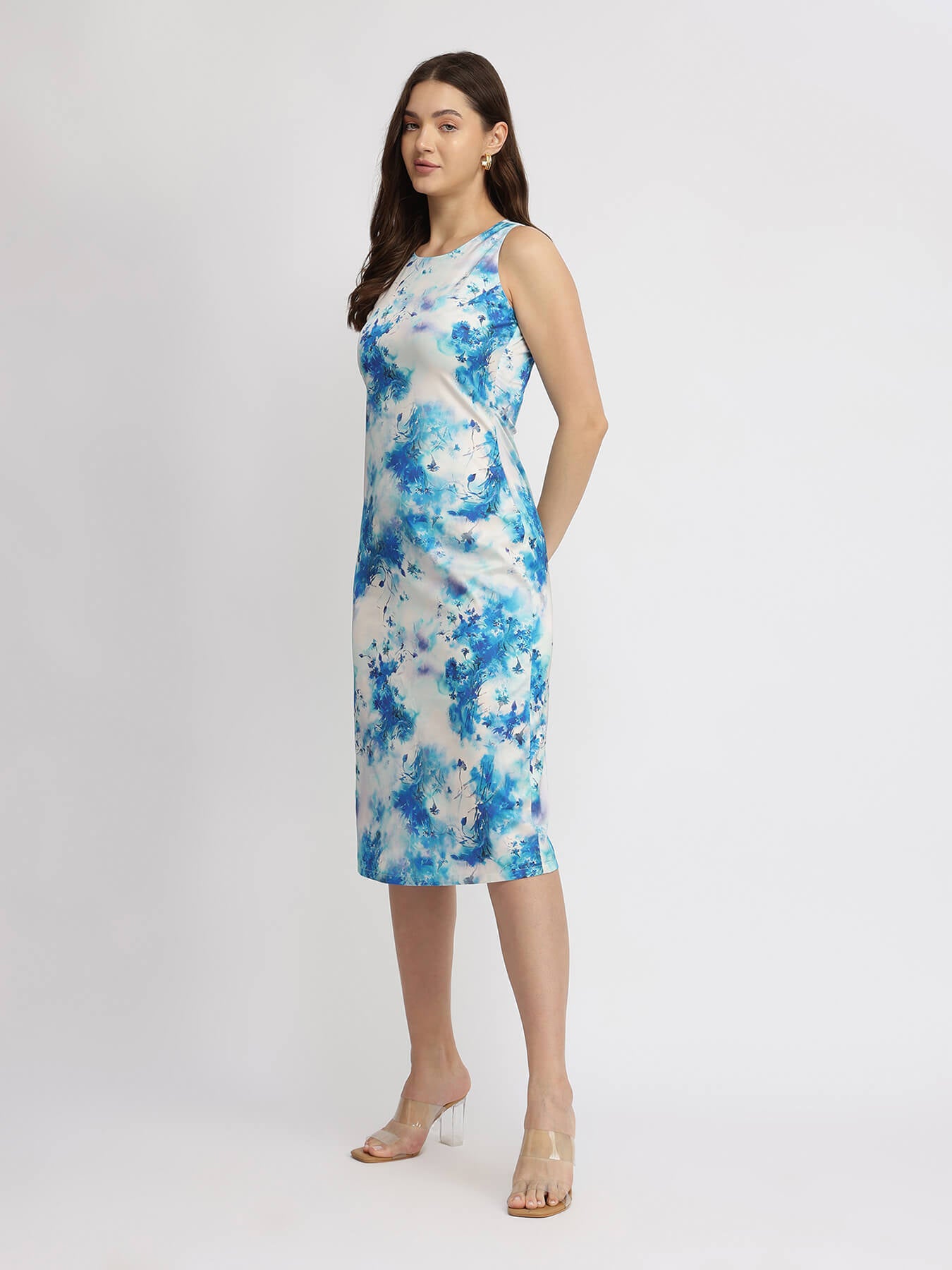 Satin Floral Sheath Dress - Blue