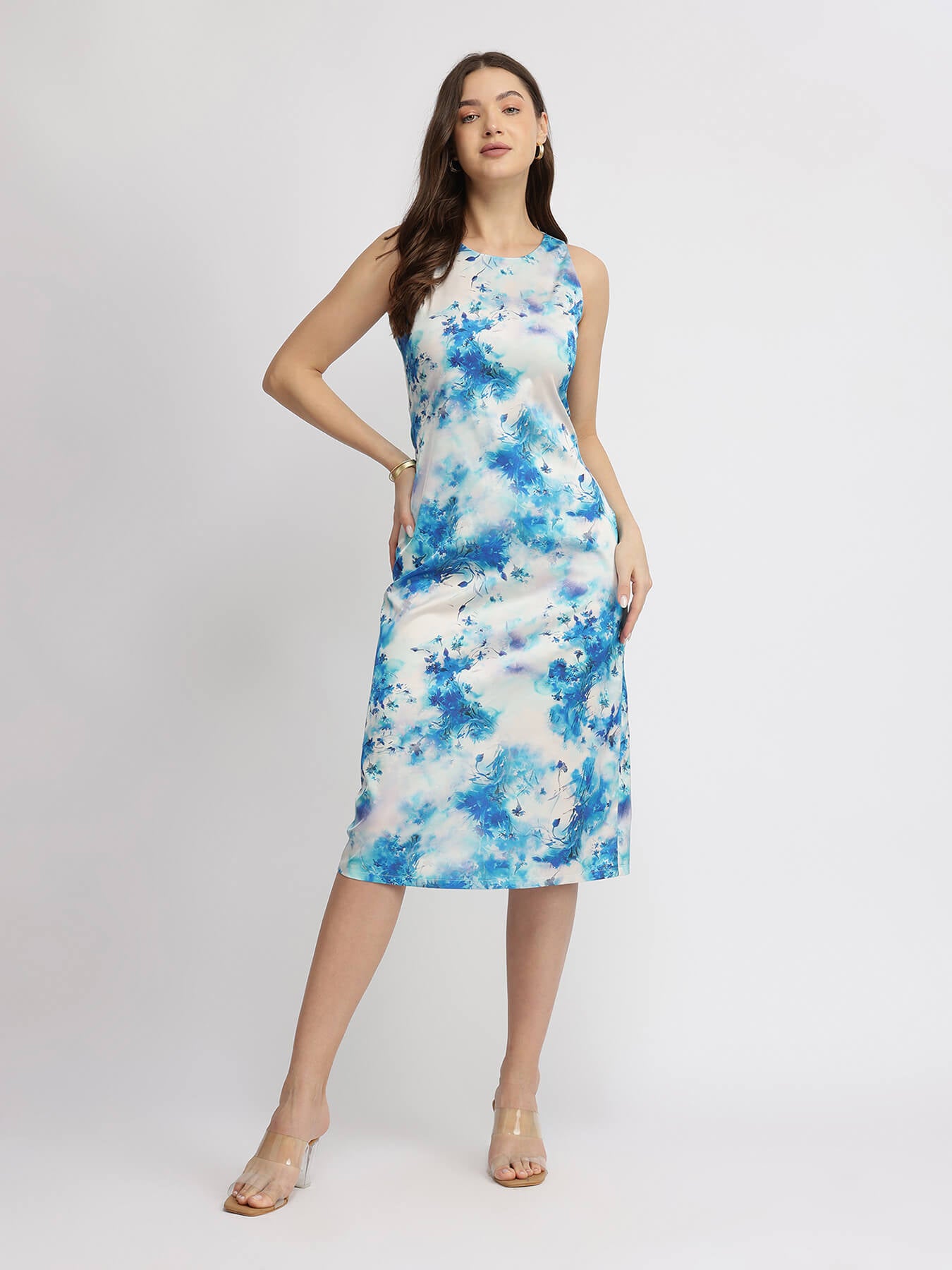 Satin Floral Sheath Dress - Blue