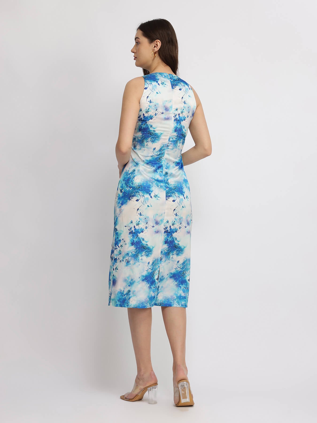 Satin Floral Sheath Dress - Blue