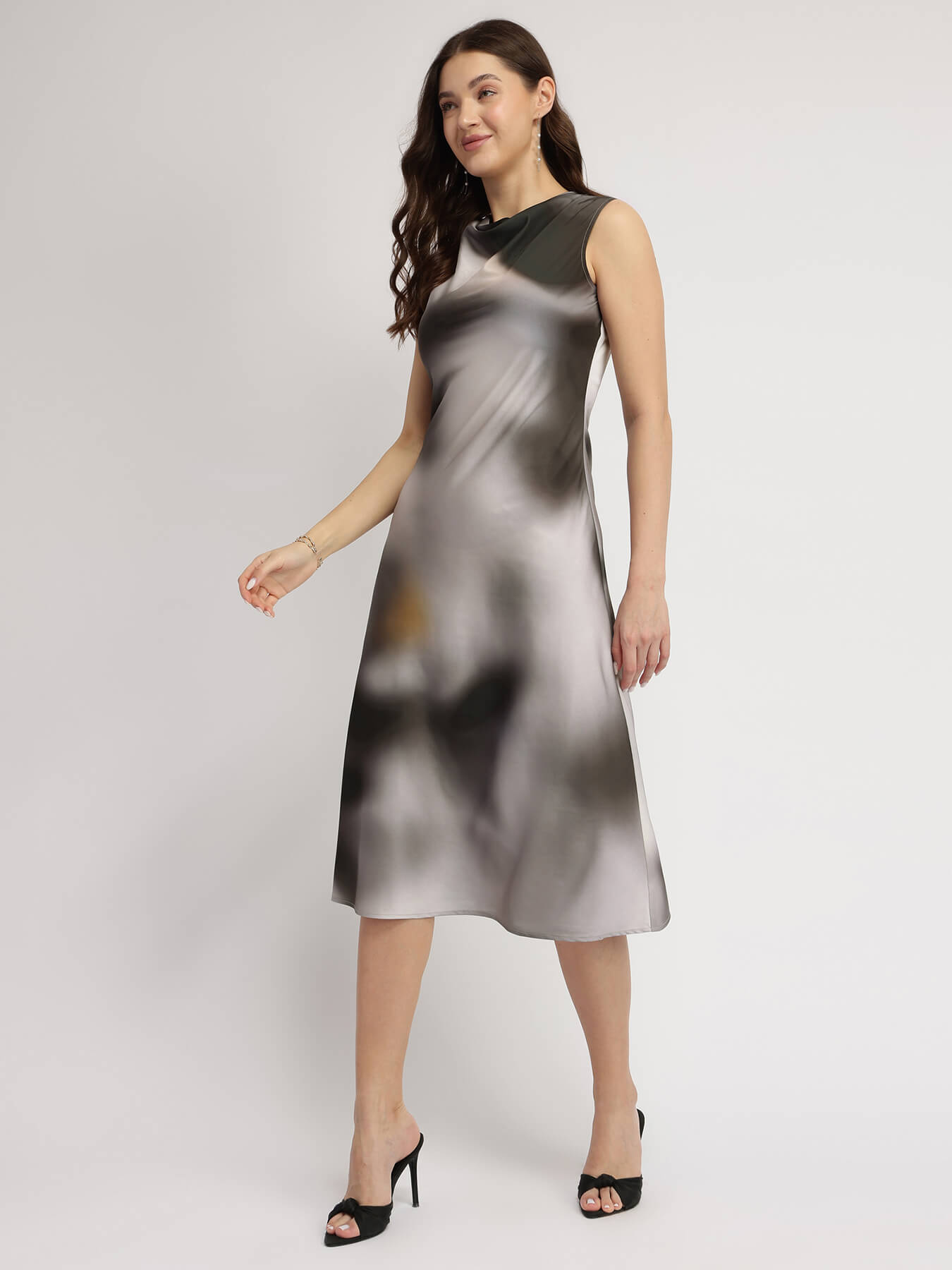Marble Print A-Line Dress - Grey