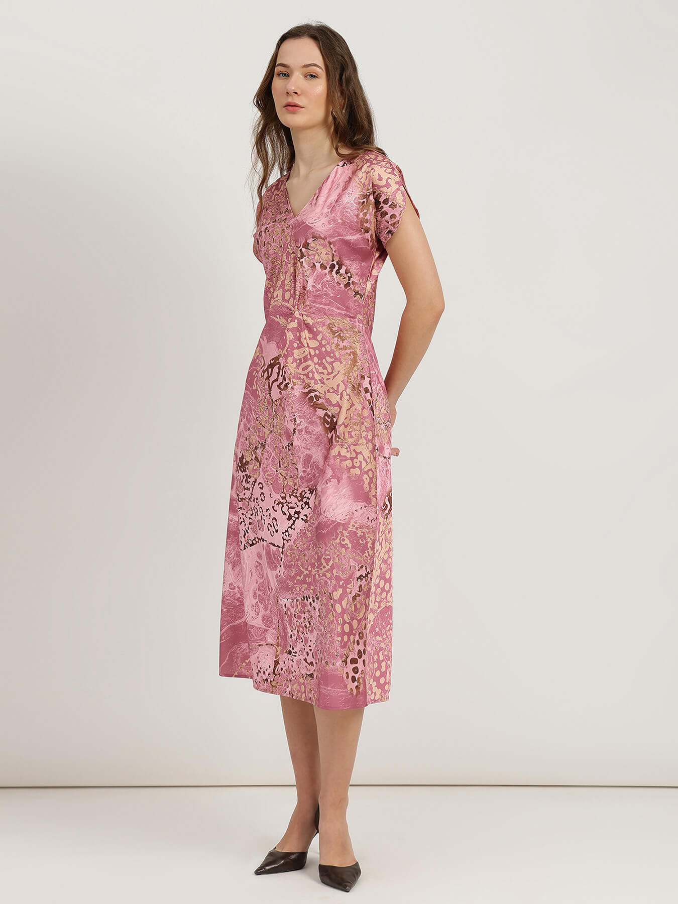 Satin Floral A-Line Dress - Dusty Pink