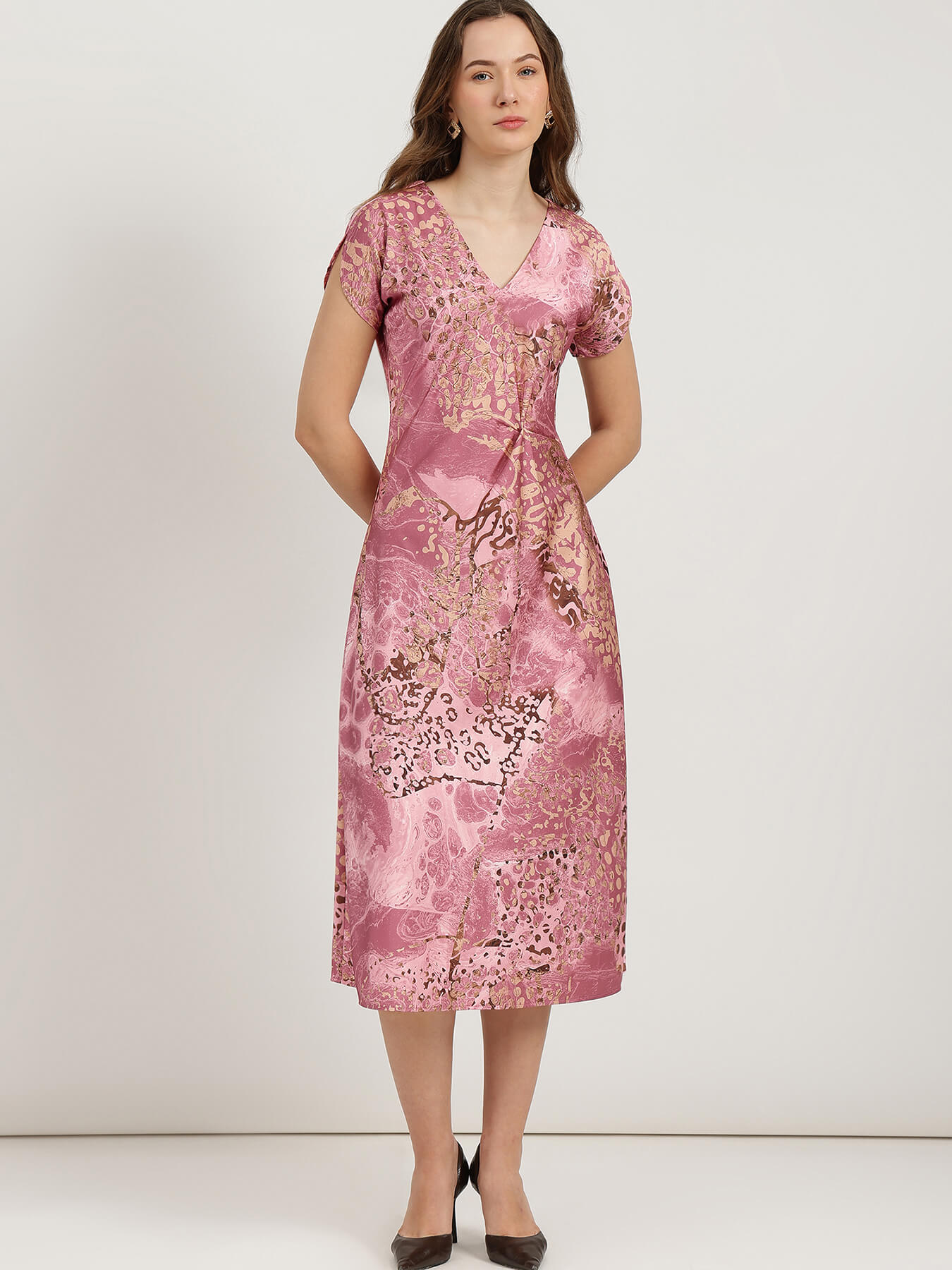Satin Floral A-Line Dress - Dusty Pink