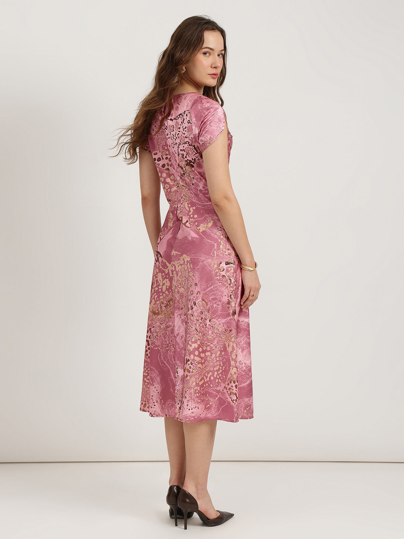 Satin Floral A-Line Dress - Dusty Pink