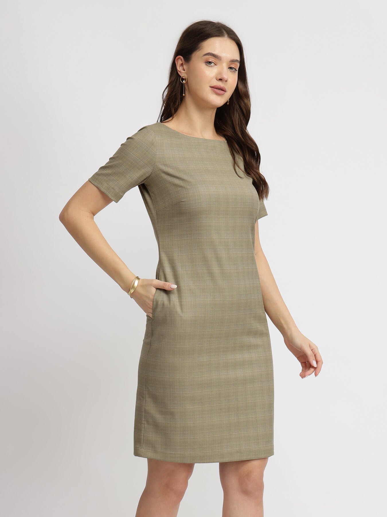 Boat Neck Shift Dress - Brown