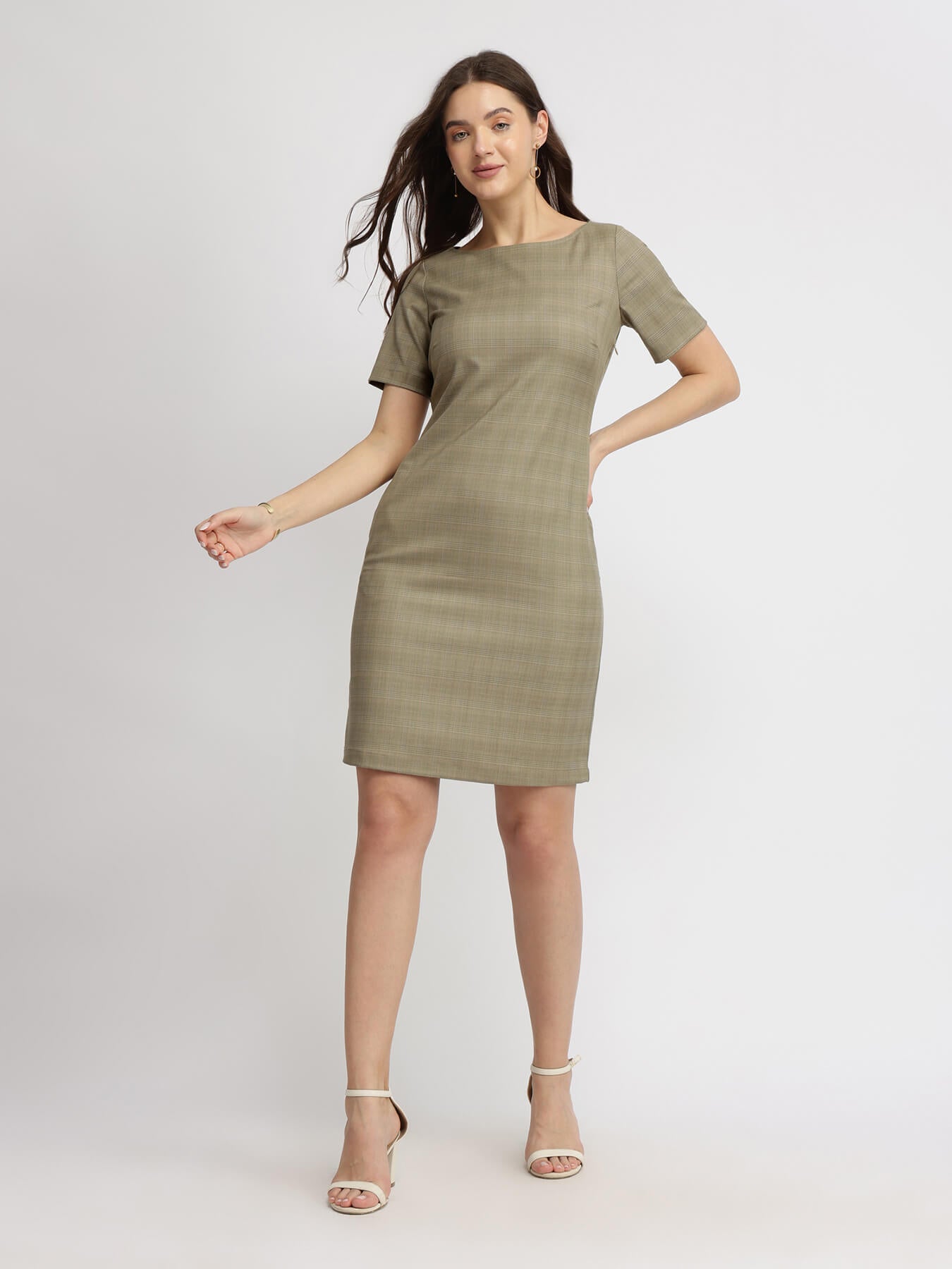 Boat Neck Shift Dress - Brown