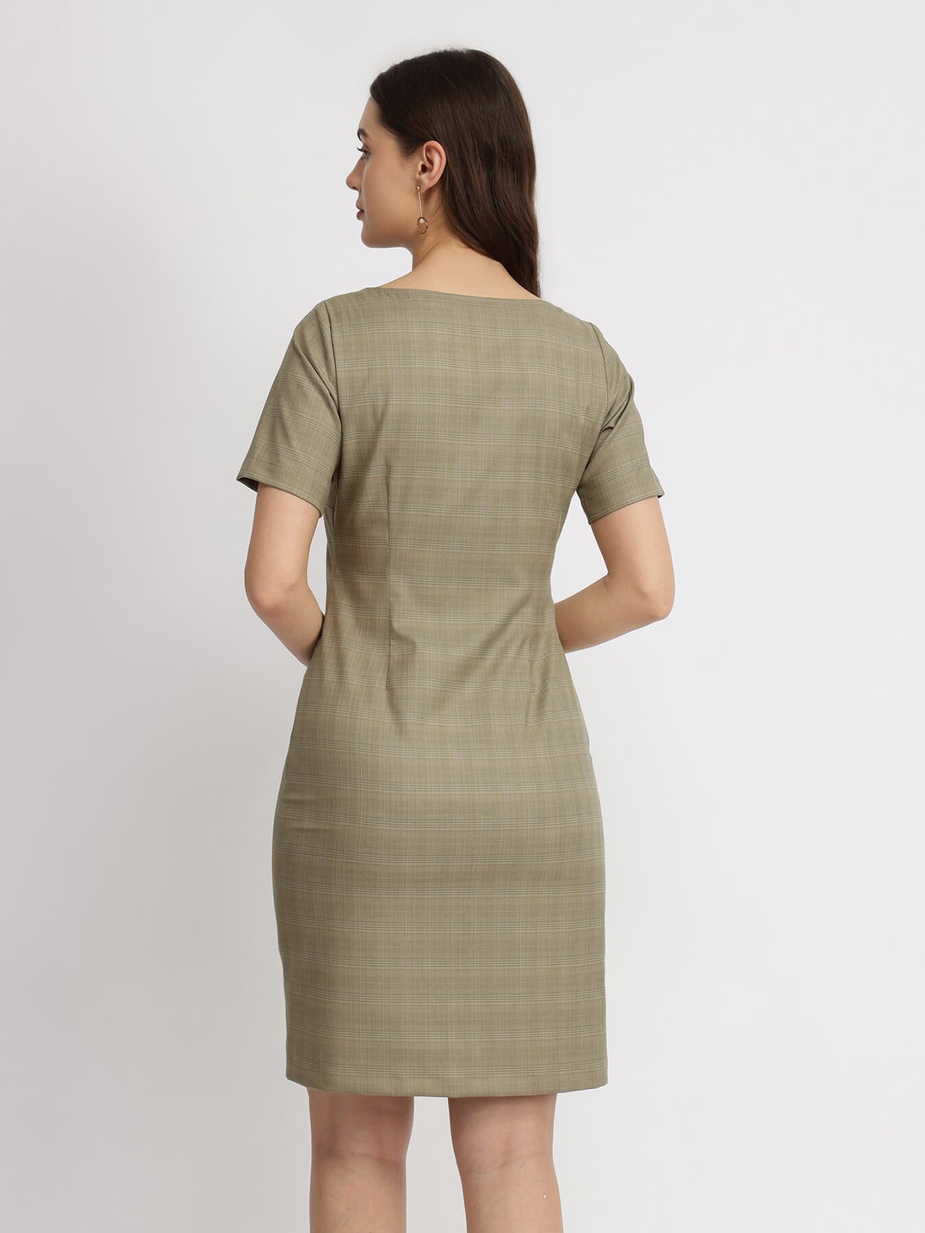 Boat Neck Shift Dress - Brown