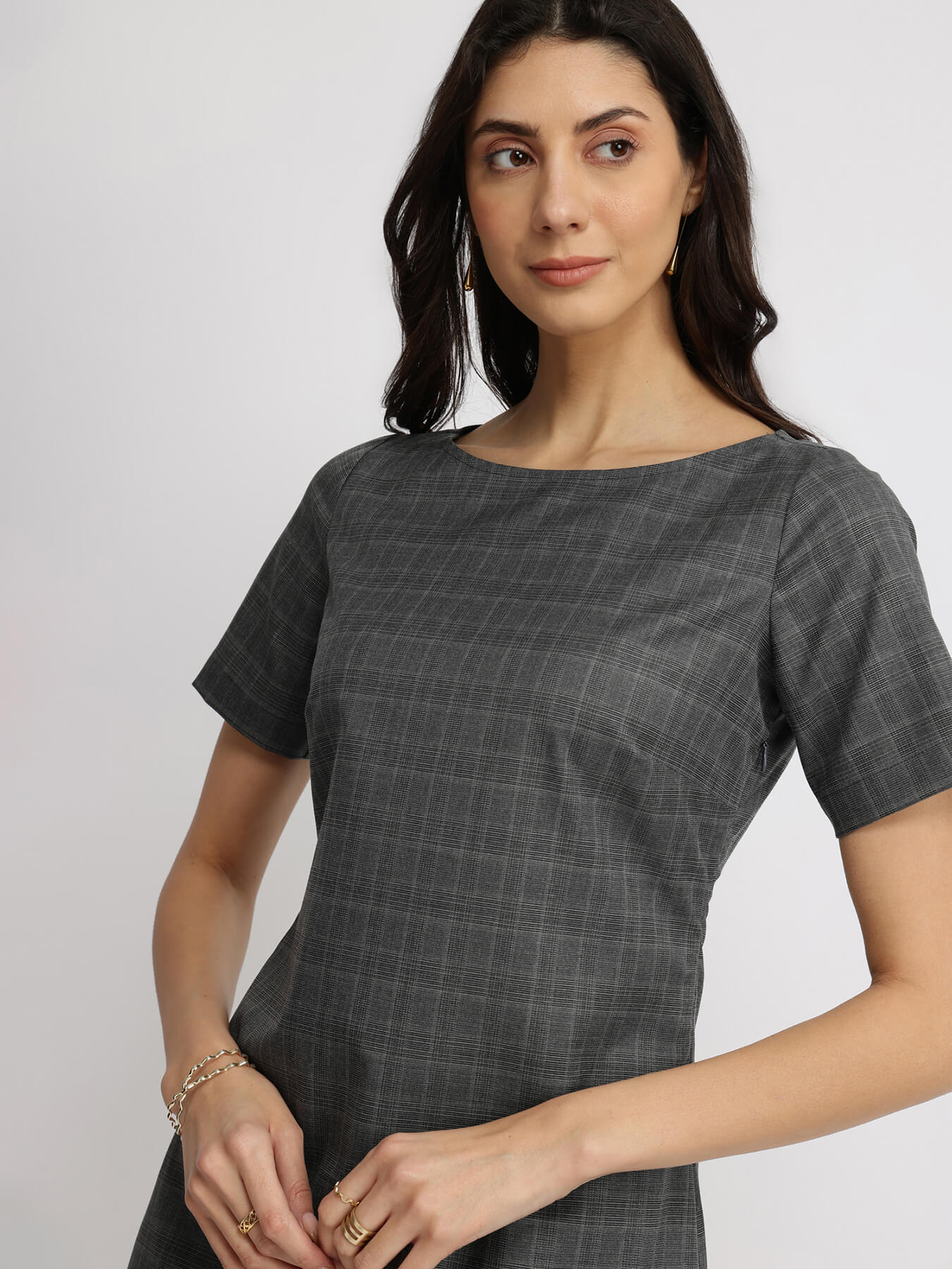 Boat Neck Shift Dress - Grey