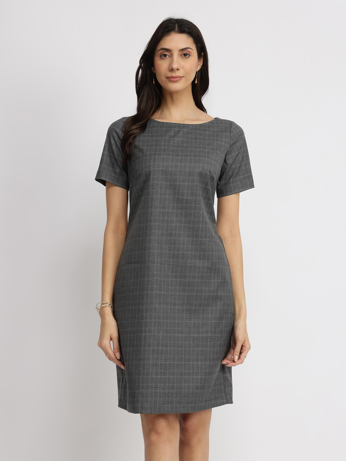 Boat Neck Shift Dress - Grey
