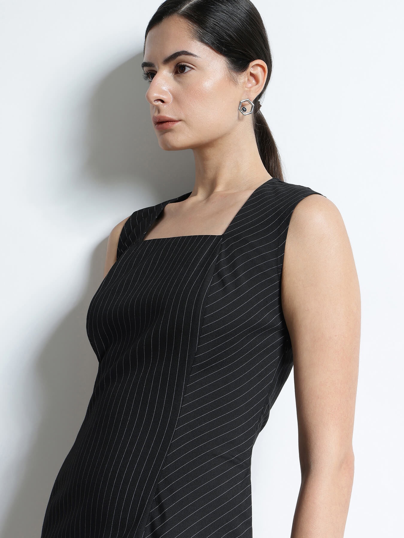 Pinstripe Sheath Dress - Black