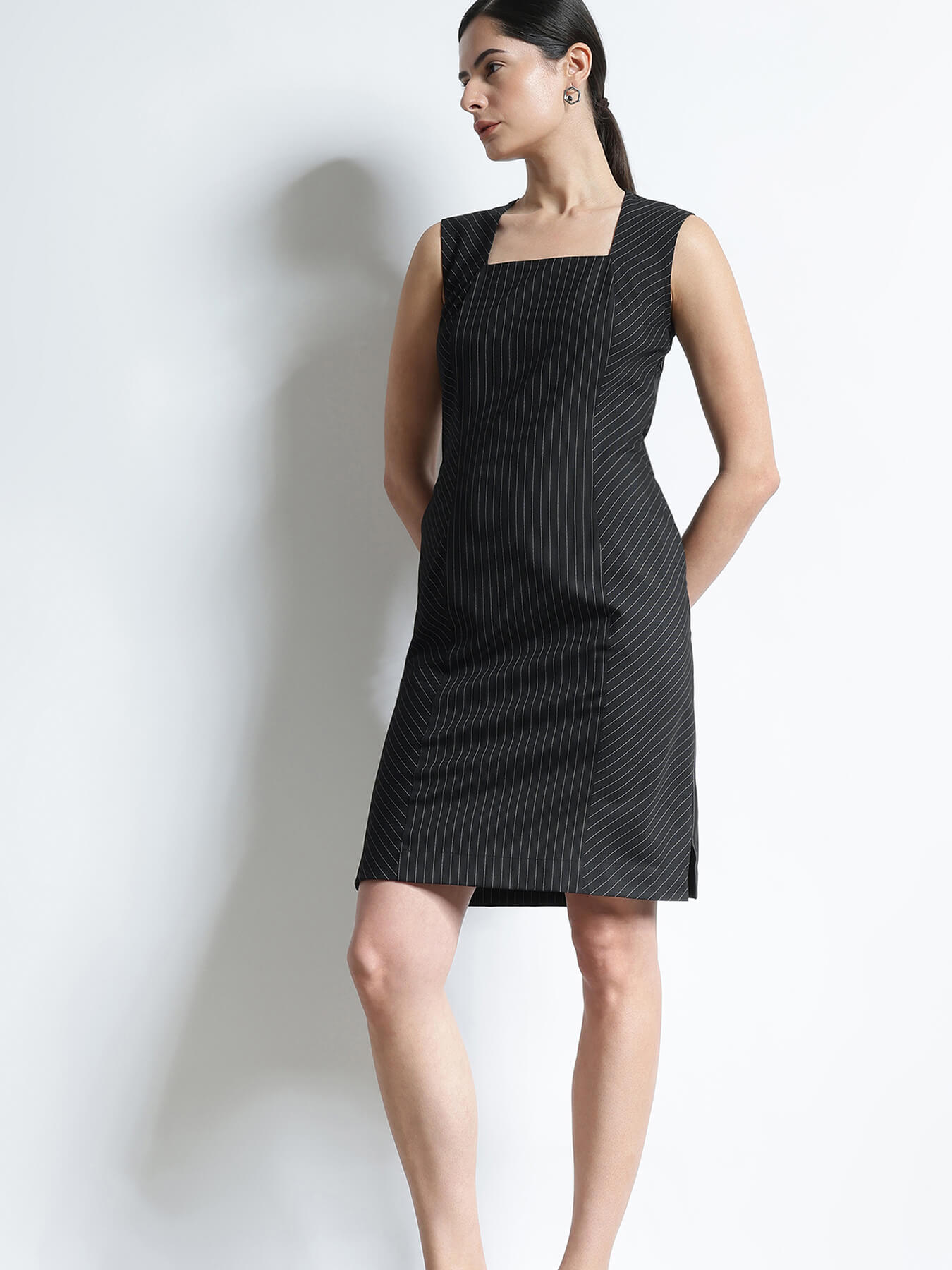 Pinstripe Sheath Dress - Black
