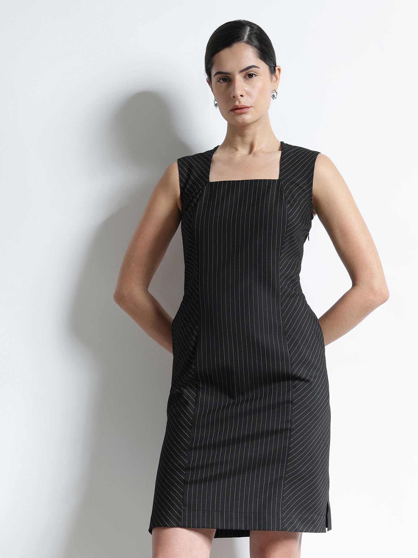 Pinstripe Sheath Dress - Black