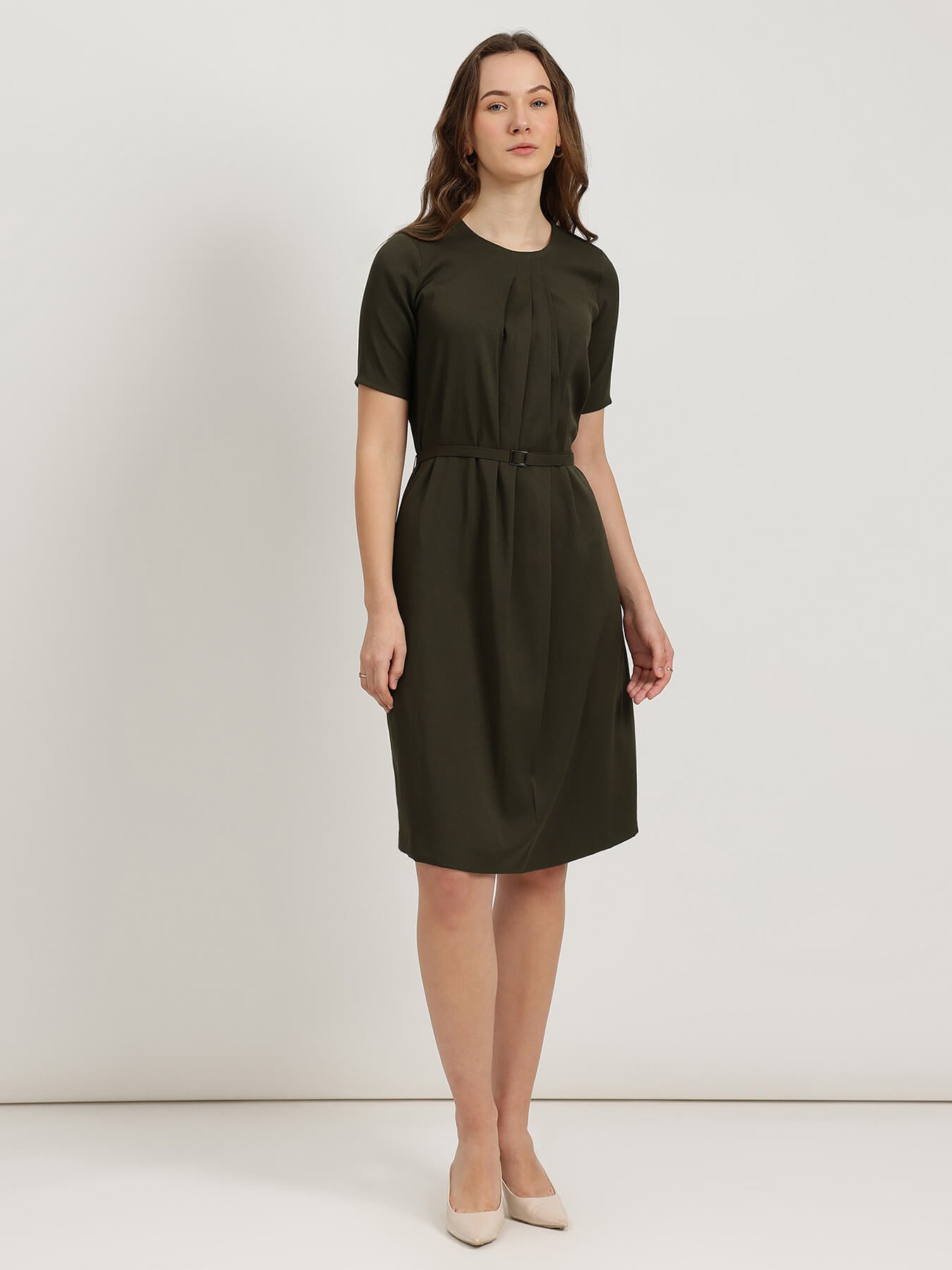Pleated Shift Dress - Olive