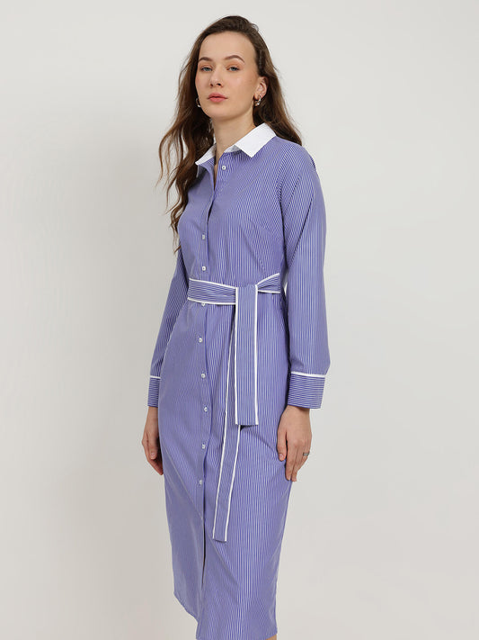 Cotton Striped Shirt Dress  - Blue