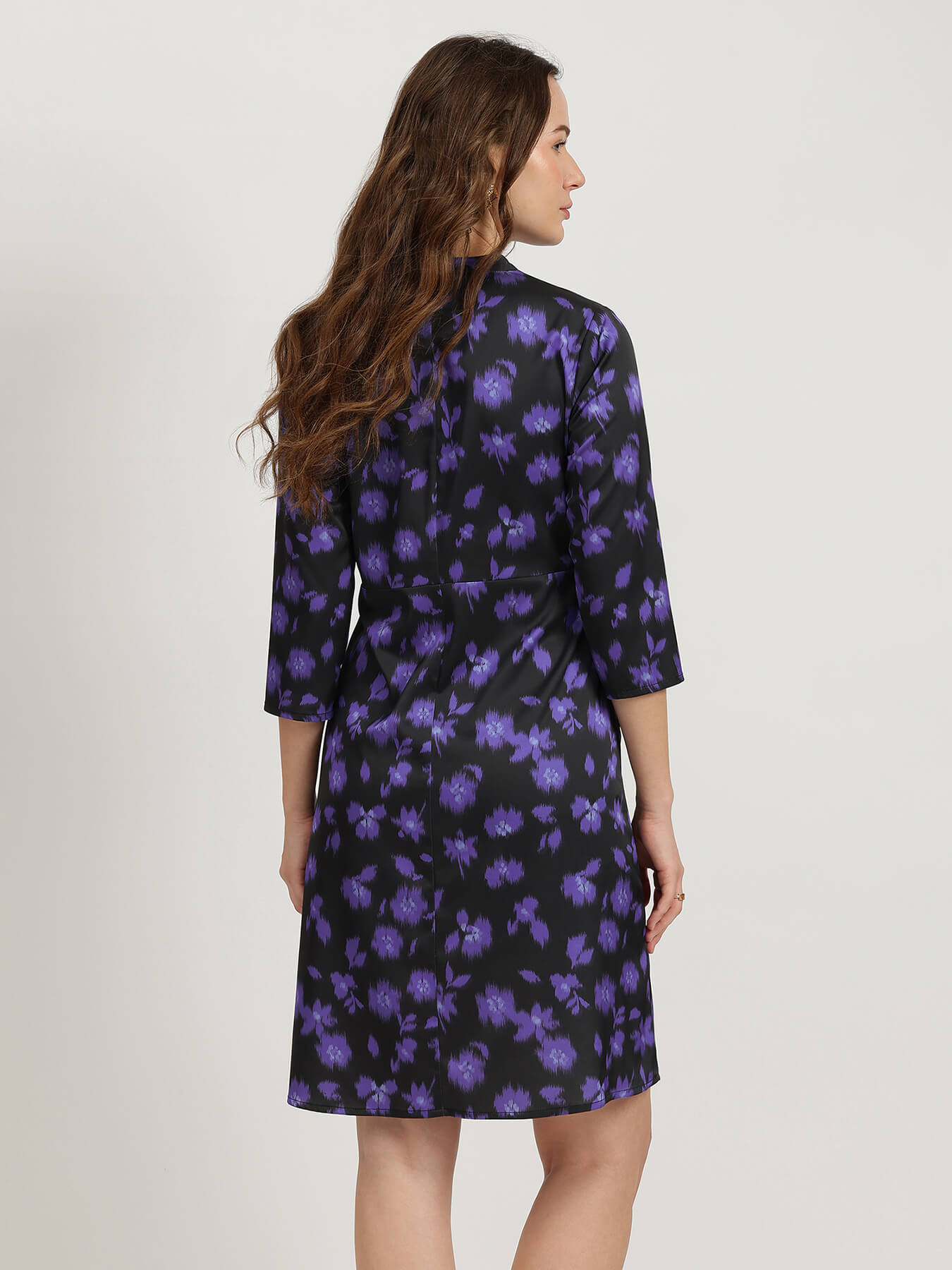 Satin Floral Wrap Dress - Black
