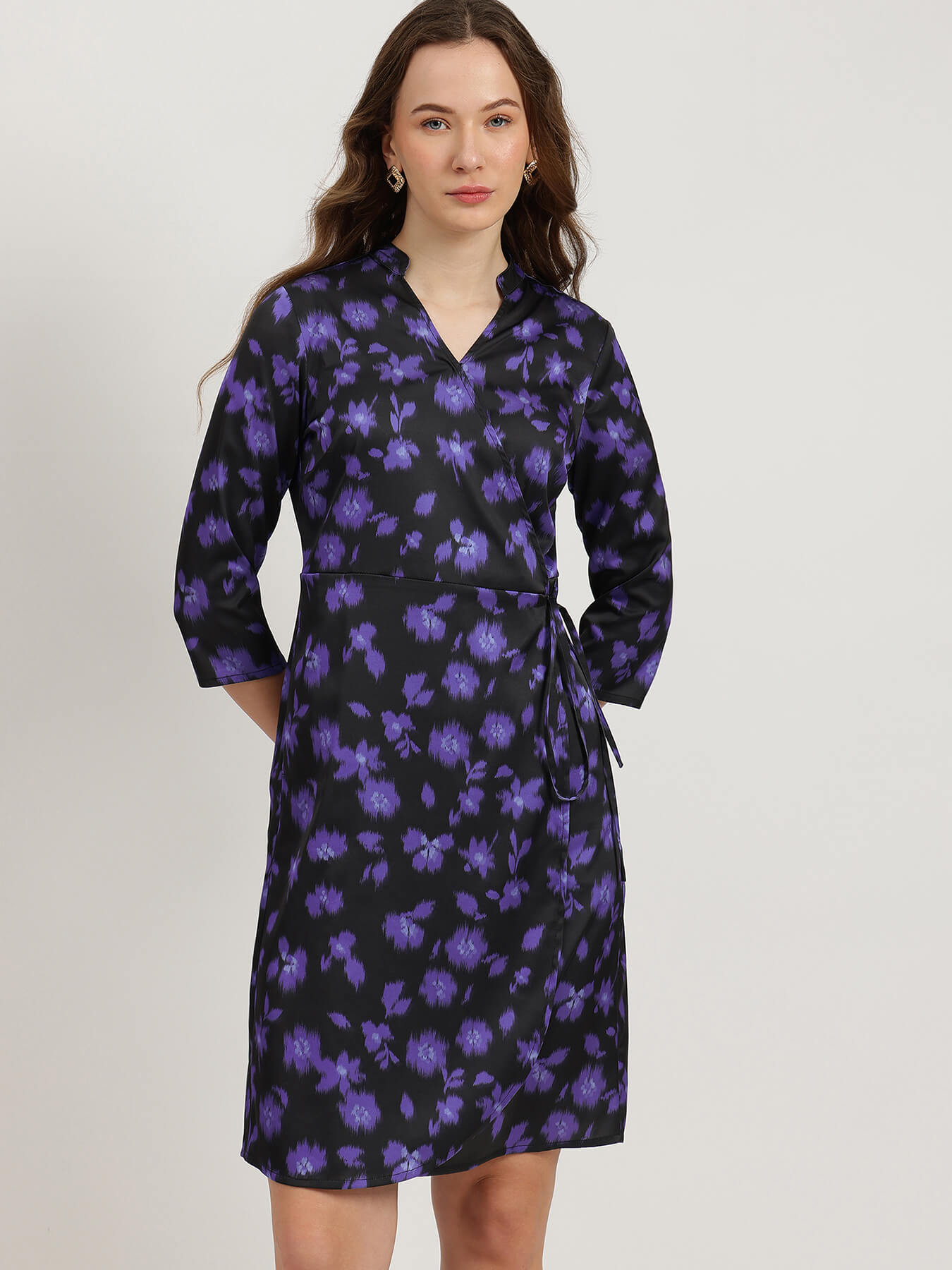 Satin Floral Wrap Dress - Black