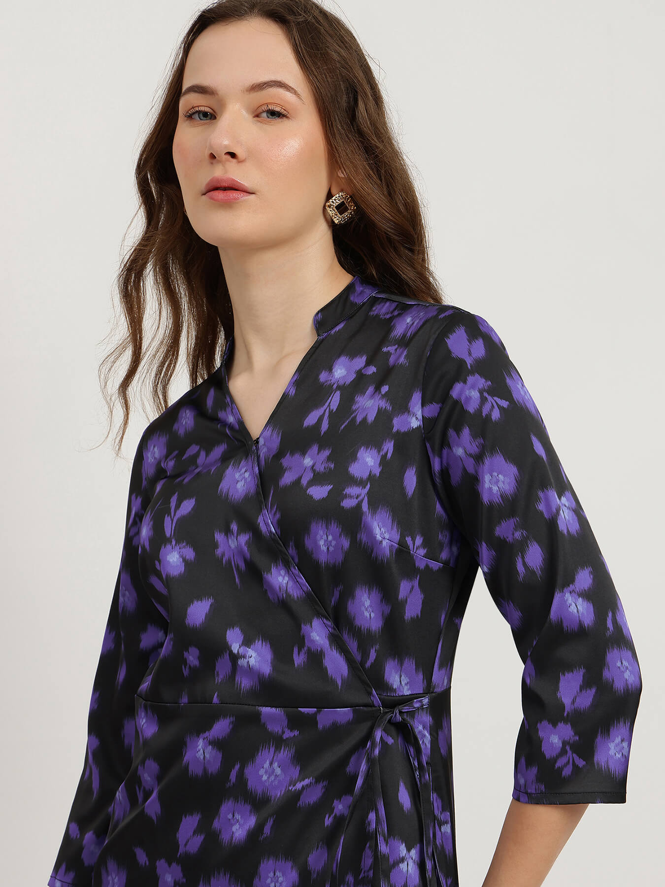 Satin Floral Wrap Dress - Black