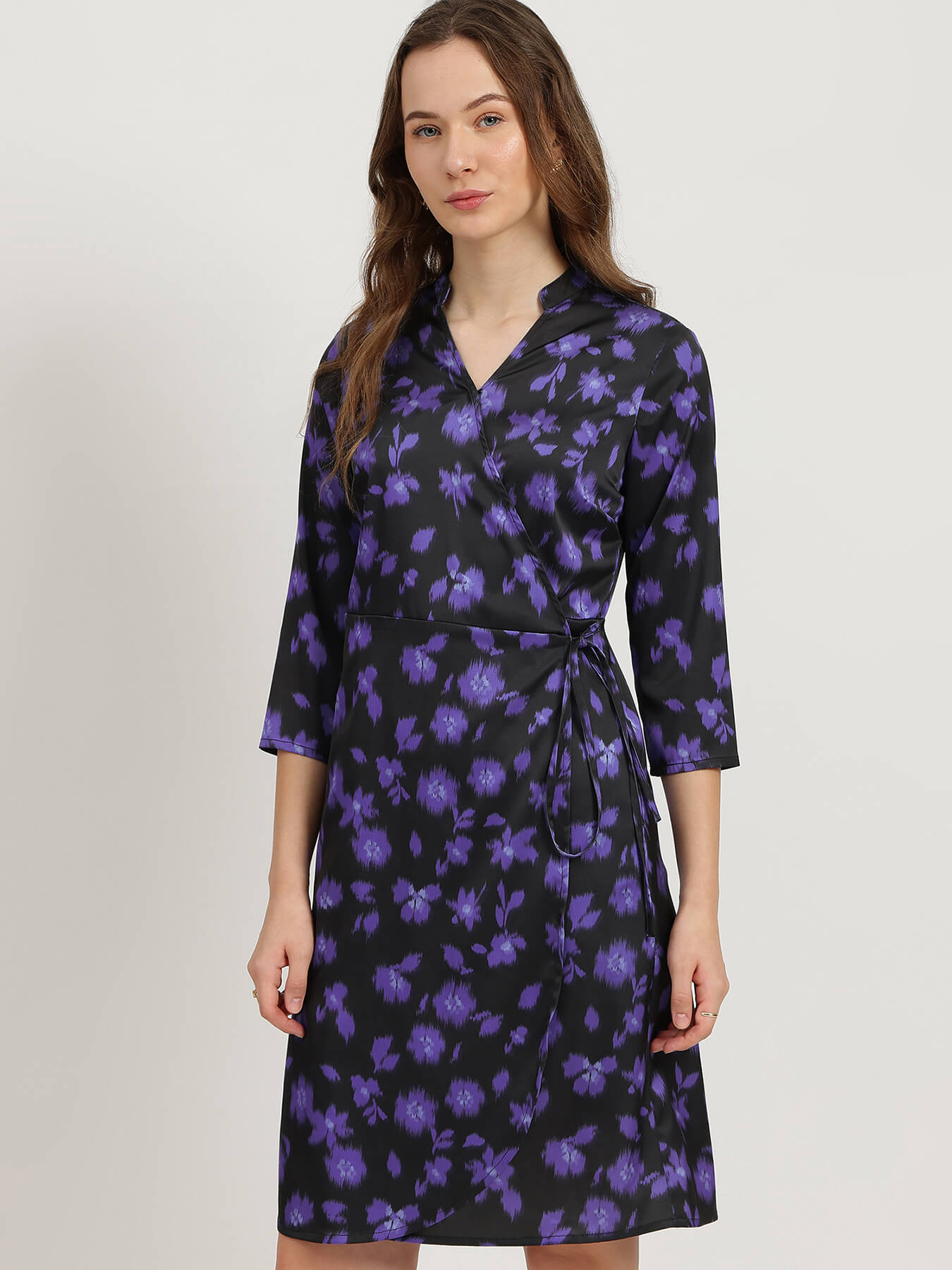 Satin Floral Wrap Dress - Black