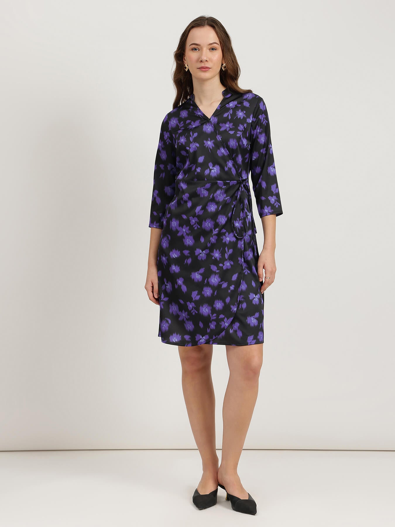 Satin Floral Wrap Dress - Black