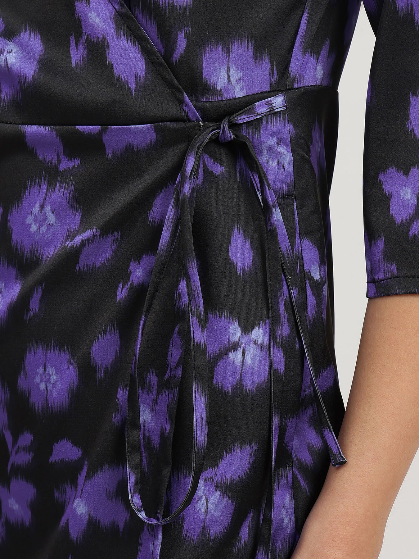 Satin Floral Wrap Dress - Black