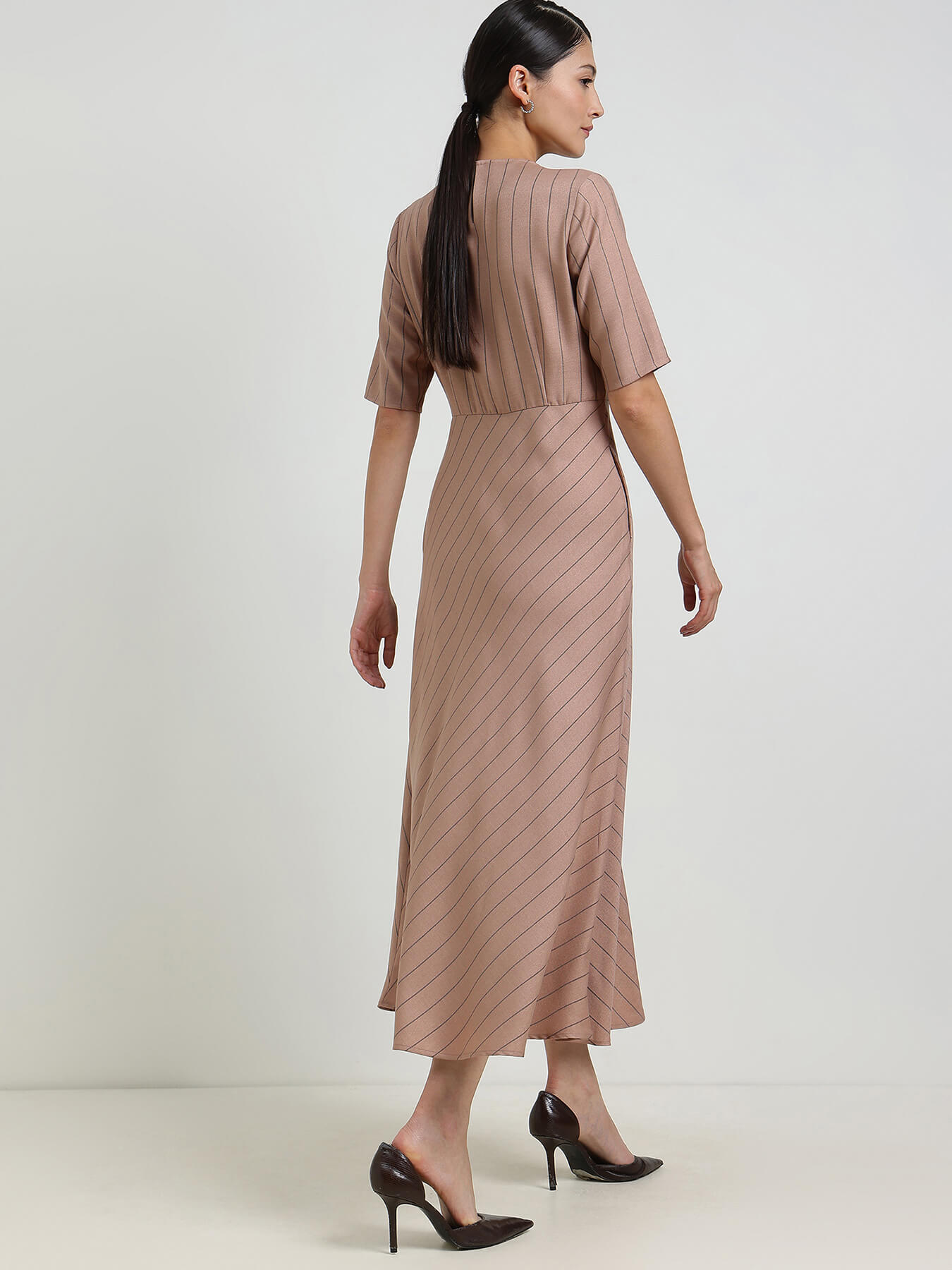 Striped Fit & Flare Dress - Beige