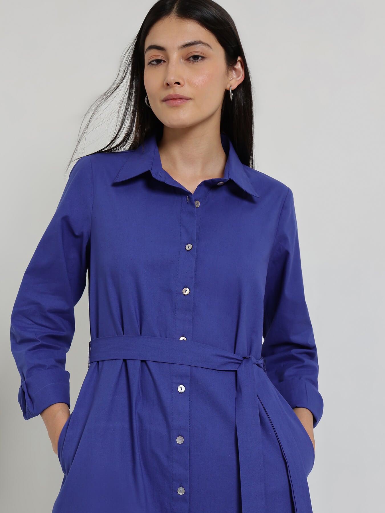 Cotton A-Line Buttondown Maxi Dress - Blue