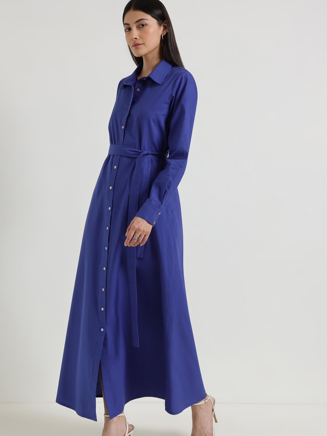 Cotton A-Line Buttondown Maxi Dress - Blue
