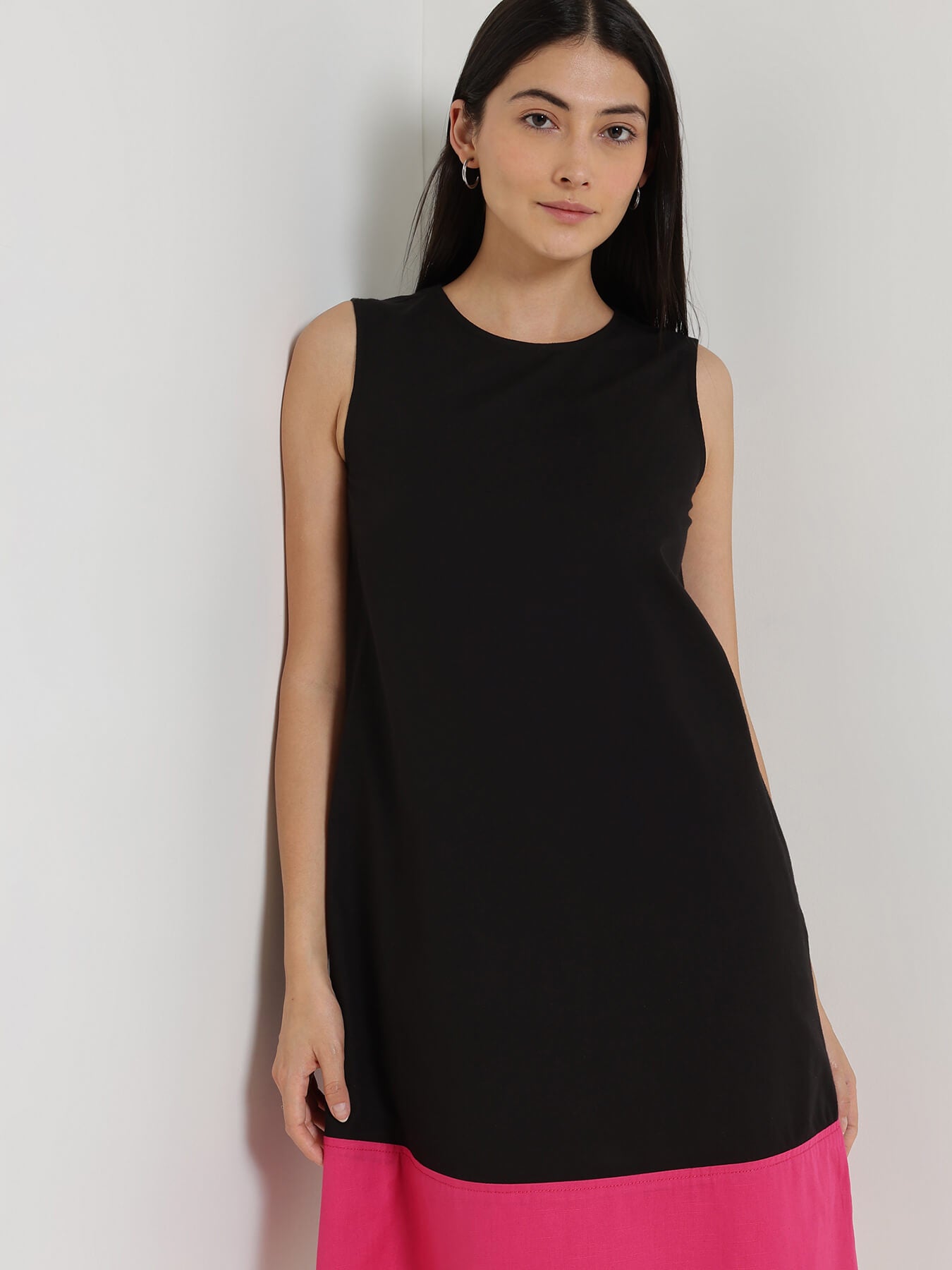 Cotton Colourblocked A-Line Dress - Black