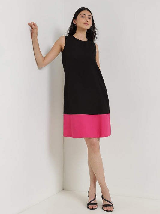 Cotton Colourblocked A-Line Dress - Black