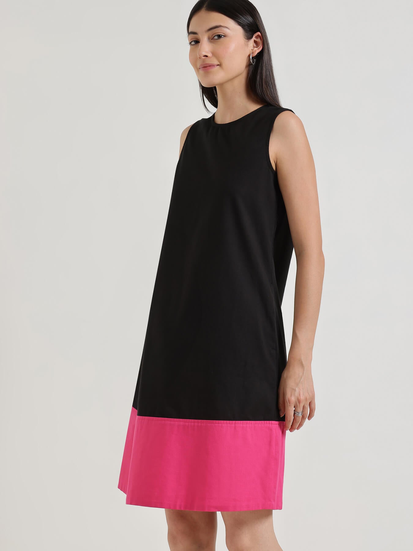 Cotton Colourblocked A-Line Dress - Black