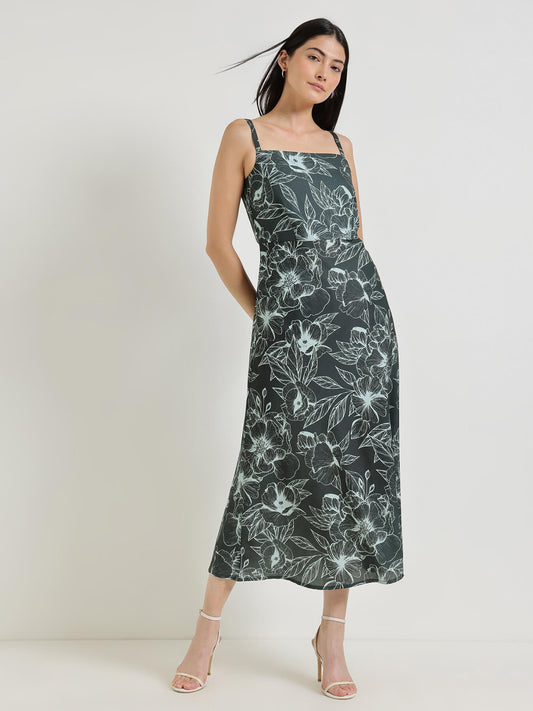 Floral A-Line Midi Dress - Charcoal