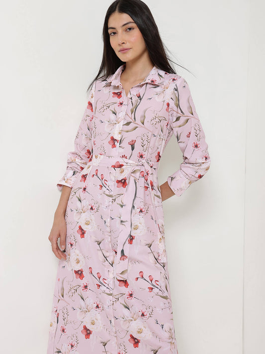 Floral Buttondown Maxi Dress - Baby Pink