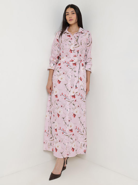 Floral Buttondown Maxi Dress - Baby Pink