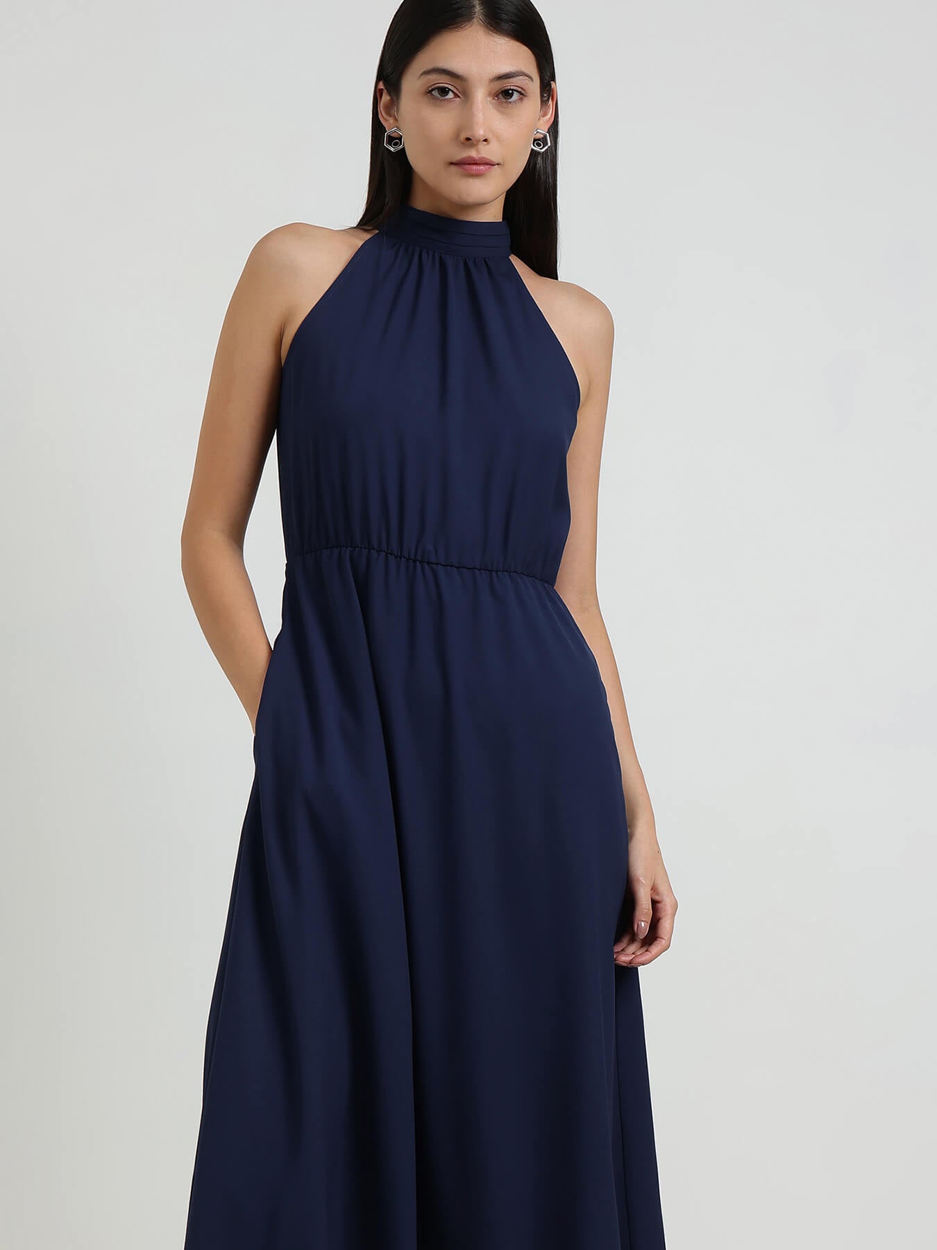 Halter Neck Fit & Flare Dress - Navy Blue